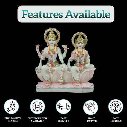 Laxmi Narayan marble statue featuring a decorative pink lotus throne