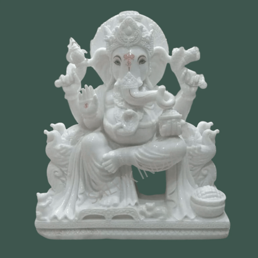 Lord Ganesh Marble Statue in White Vietnam Marble – Intricately Handcrafted Idol