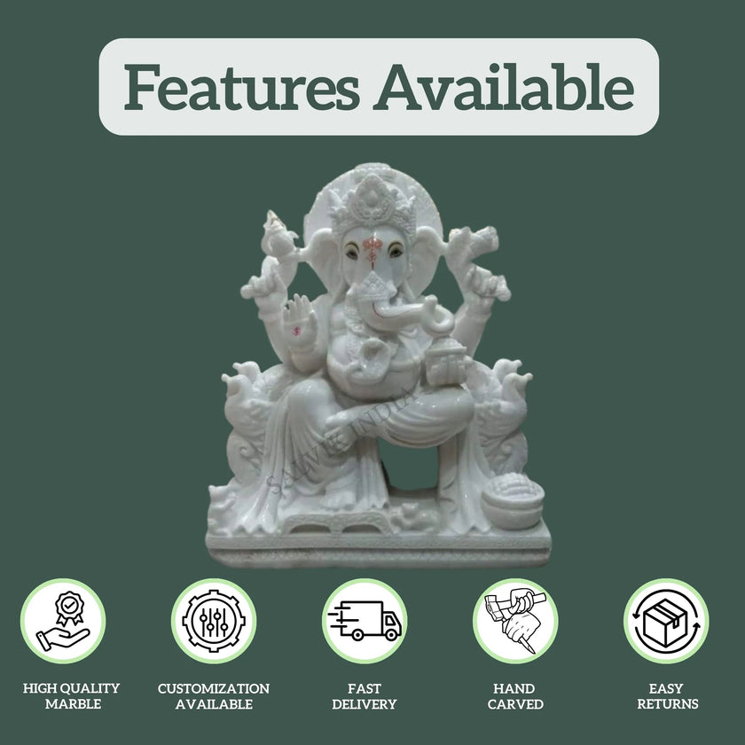 Handmade White Marble Ganpati Idol – Features: High Quality, Customization, Fast Delivery