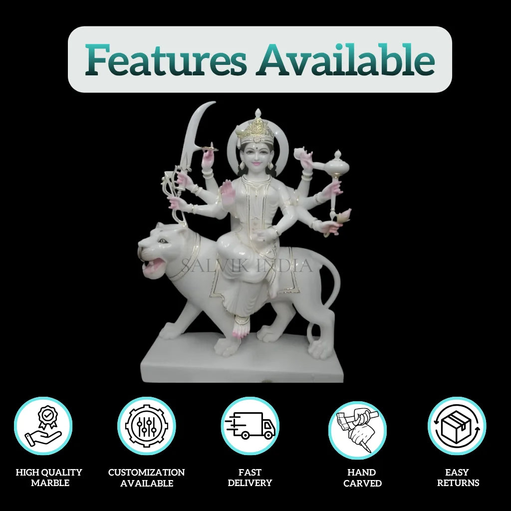 Front view of Maa Durga marble statue with calm divine expression