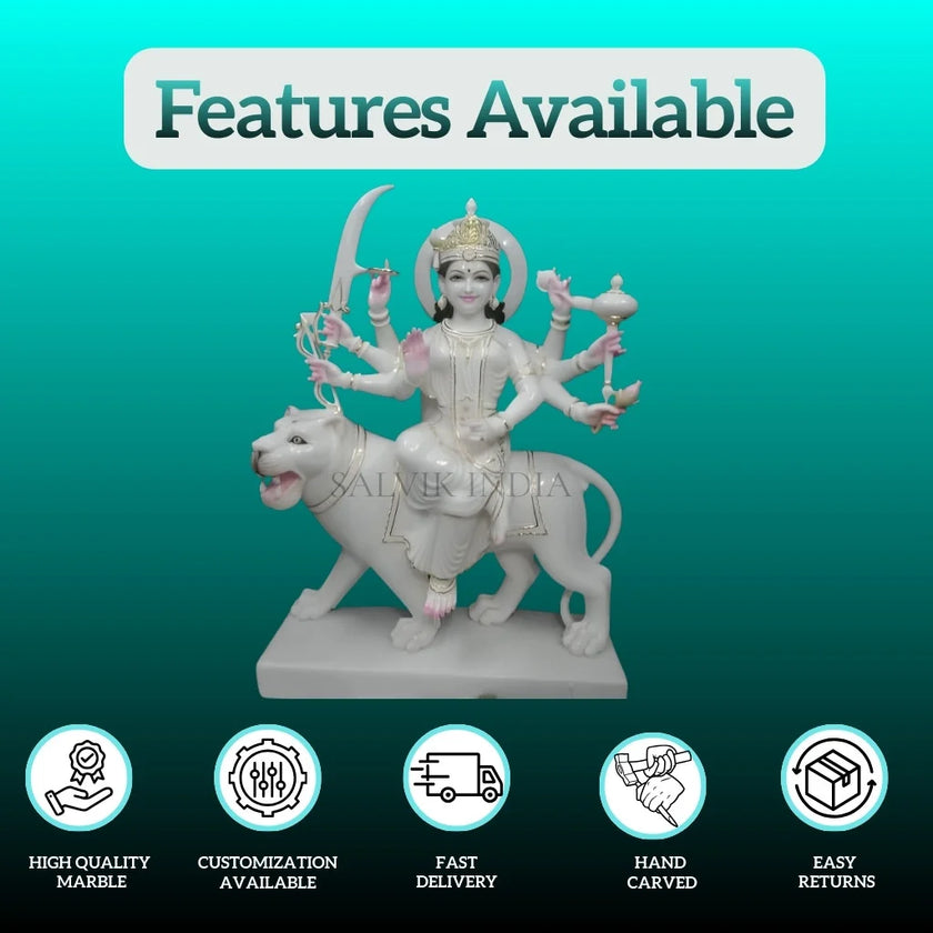 Front view of Maa Durga marble statue with calm divine expression