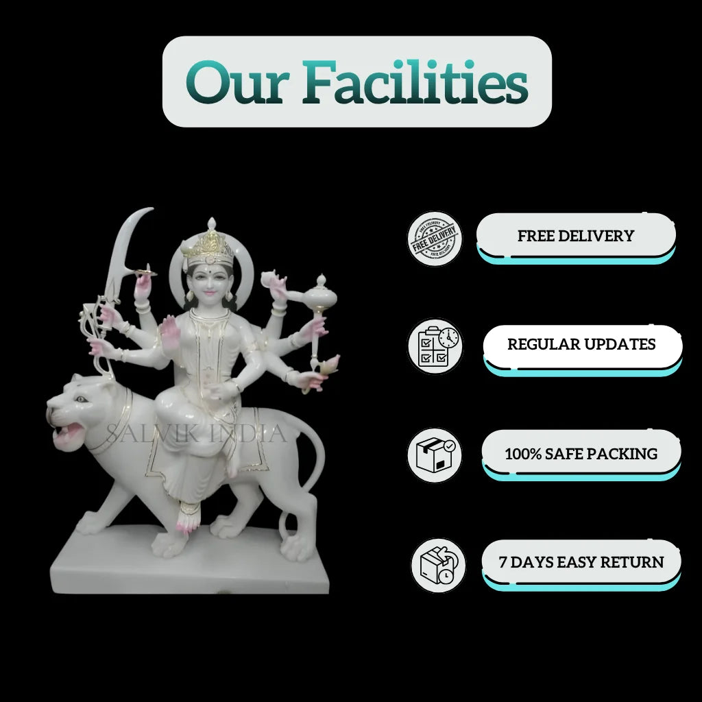 Side angle view of Maa Durga marble statue handcrafted from premium marble