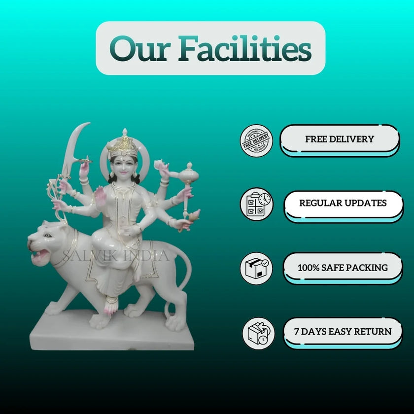 Side angle view of Maa Durga marble statue handcrafted from premium marble