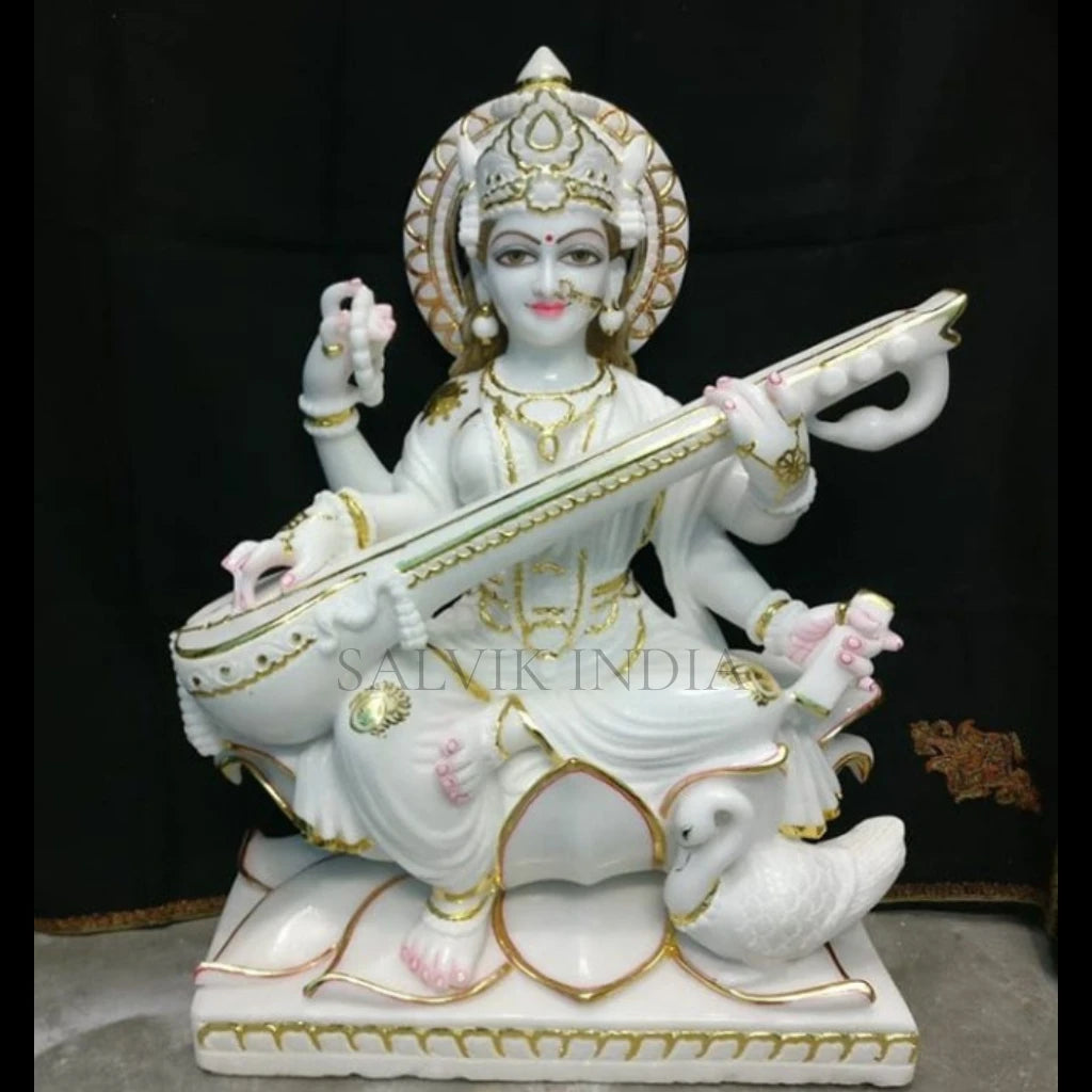 Maa Saraswati marble murti with Veena temple installation statue