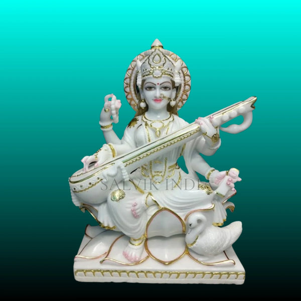 Maa Saraswati marble murti with Veena temple installation statue