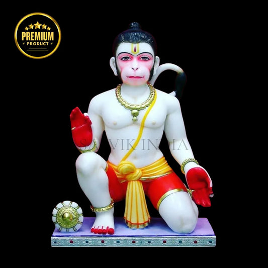 White Marble Bajrangbali Statue in Chowki Pose showcasing intricate handcrafted details