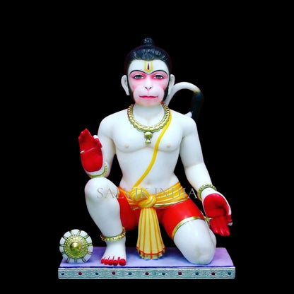 White Marble Bajrangbali Statue in Chowki Pose showcasing intricate handcrafted details
