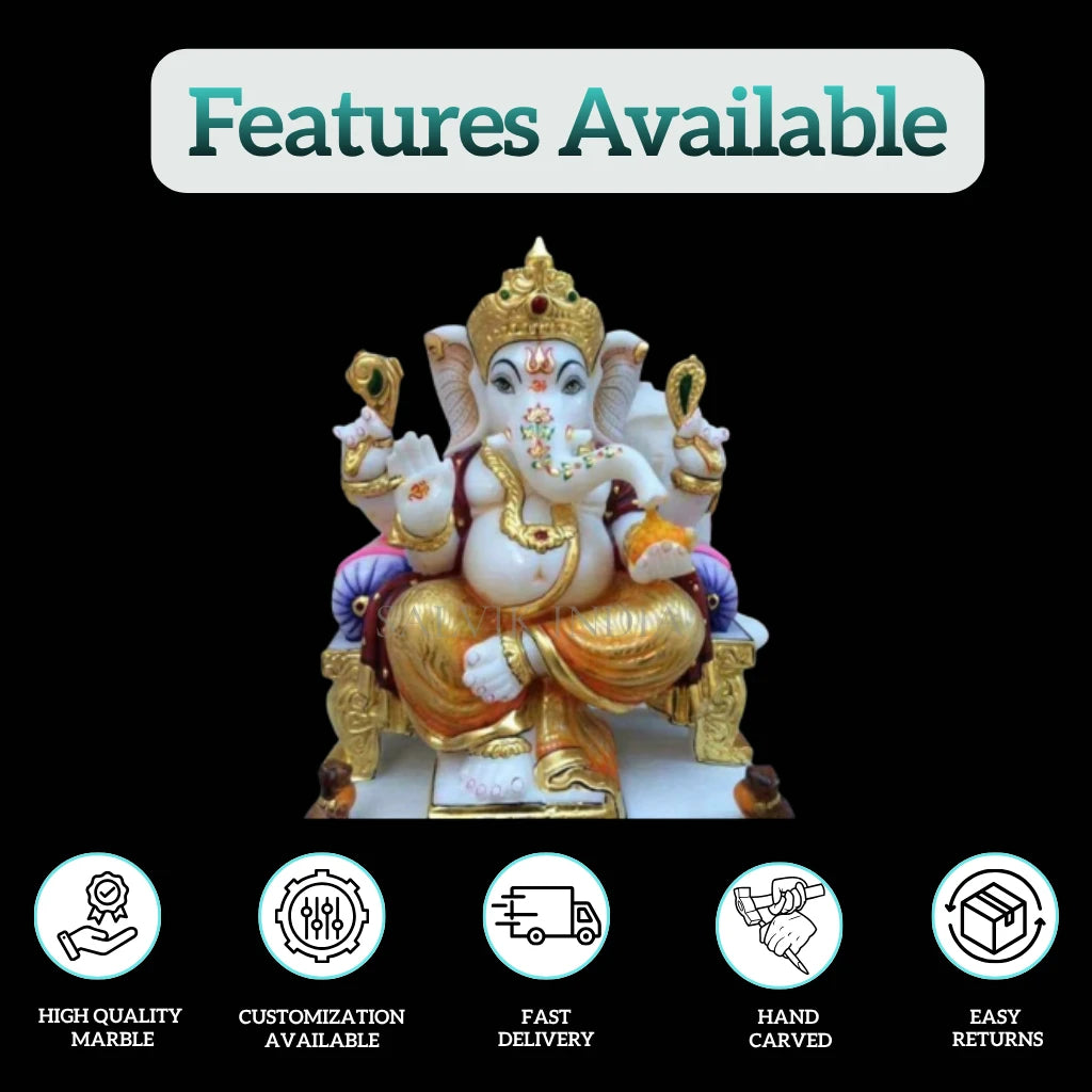Front view of Makrana marble Ganesh statue with traditional ornaments
