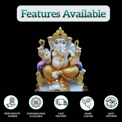 Front view of Makrana marble Ganesh statue with traditional ornaments