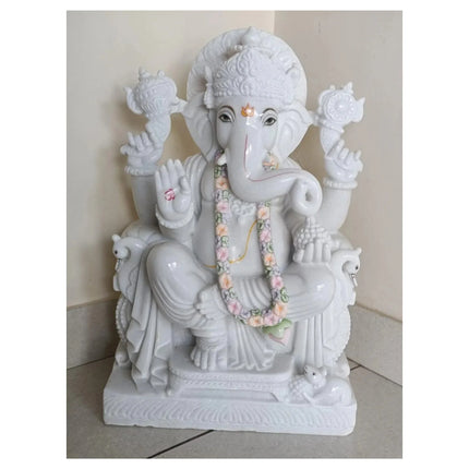 Handcrafted Makrana marble Ganesh statue with detailed carving and seated posture