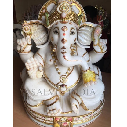 Lord Ganpati Bappa Marble Idol with Fine Carving