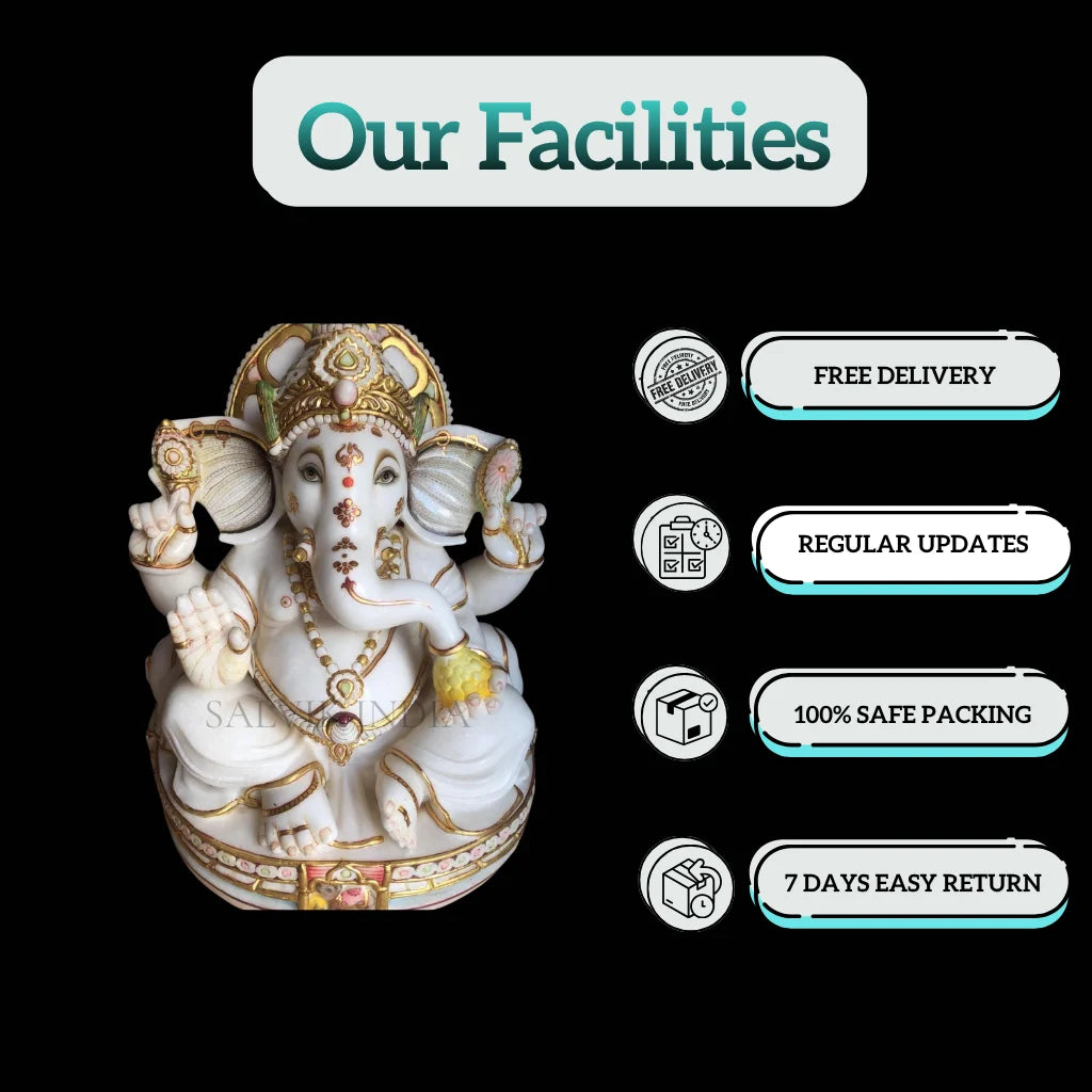 Makrana Marble Ganpati Bappa Idol with gold detailing