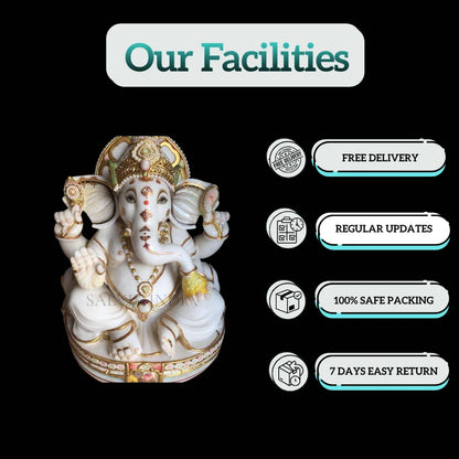 Makrana Marble Ganpati Bappa Idol with gold detailing