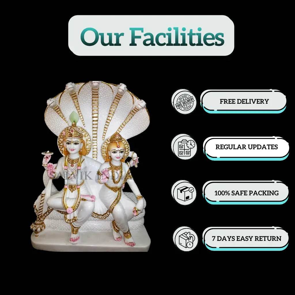 Makrana marble Laxmi Narayan statue with detailed jewellery and traditional carvings