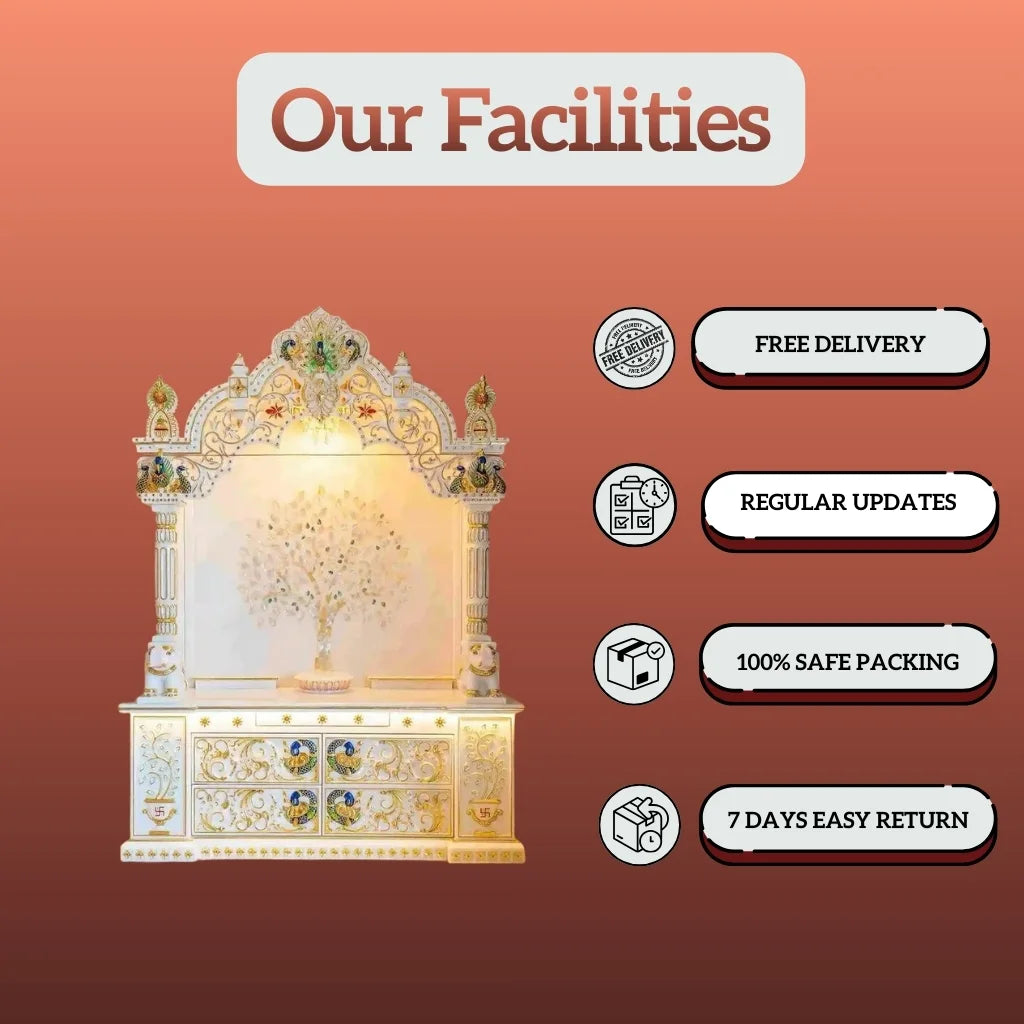 Side angle Makrana marble home mandir with carved pillars and arch design