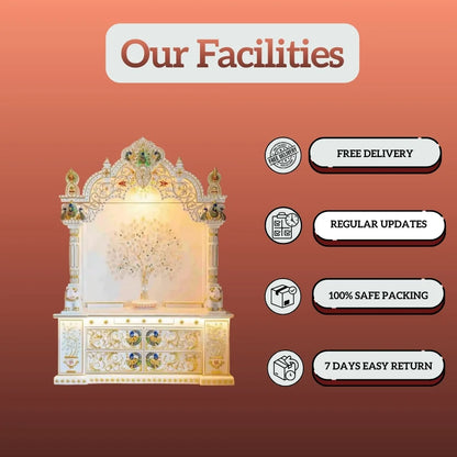 Side angle Makrana marble home mandir with carved pillars and arch design
