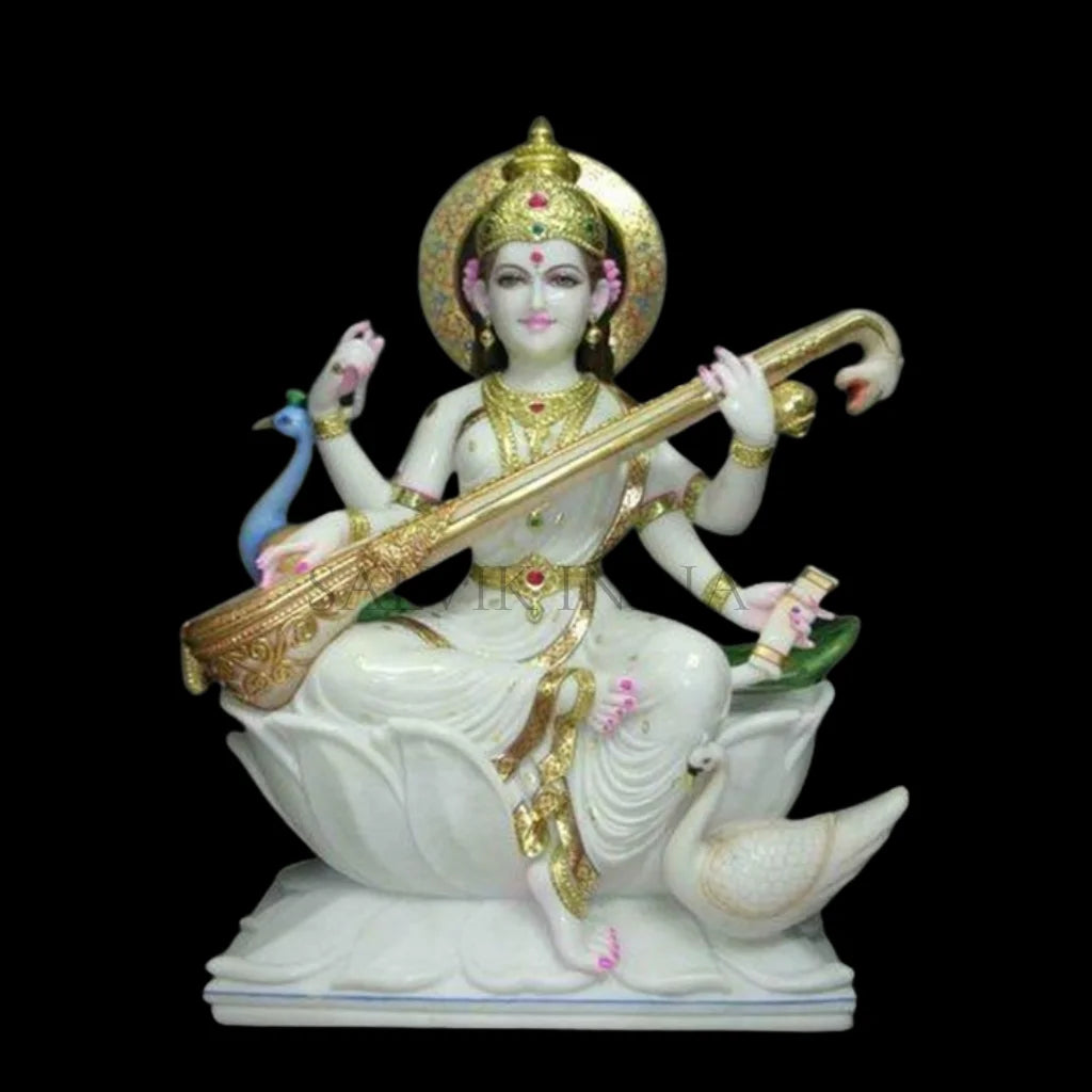 Makrana marble Saraswati murti sitting on lotus with Veena premium idol