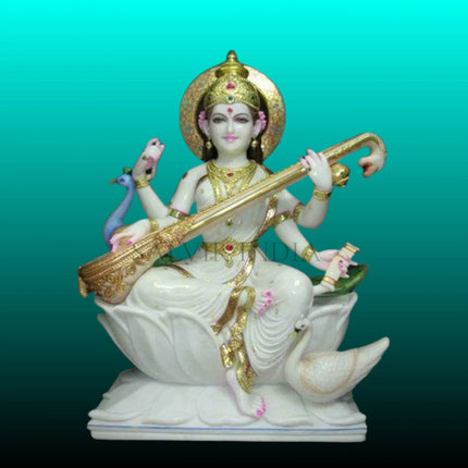 Makrana marble Saraswati murti sitting on lotus with Veena premium idol