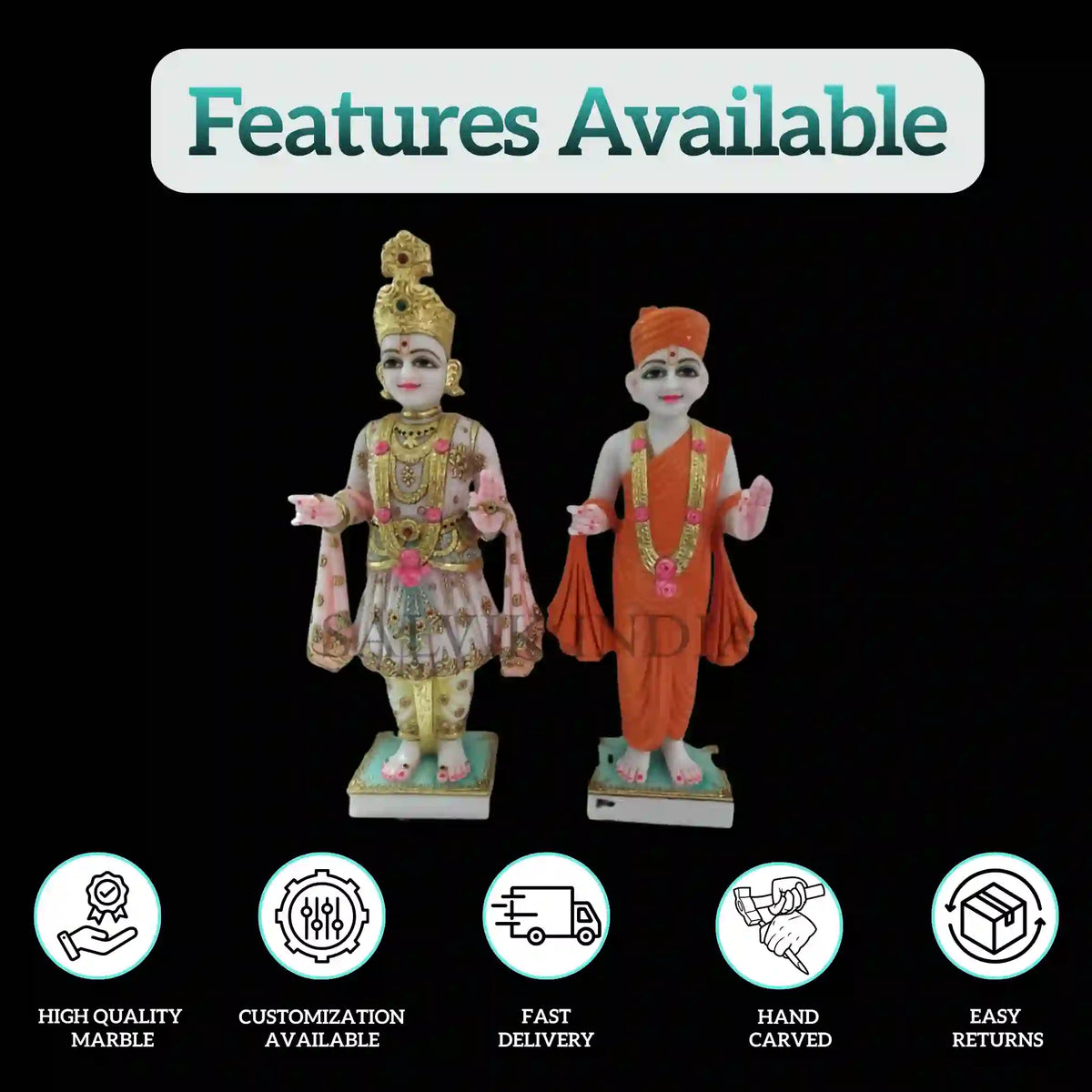 Front view of handcrafted Marble Akshar Purushottam Statue