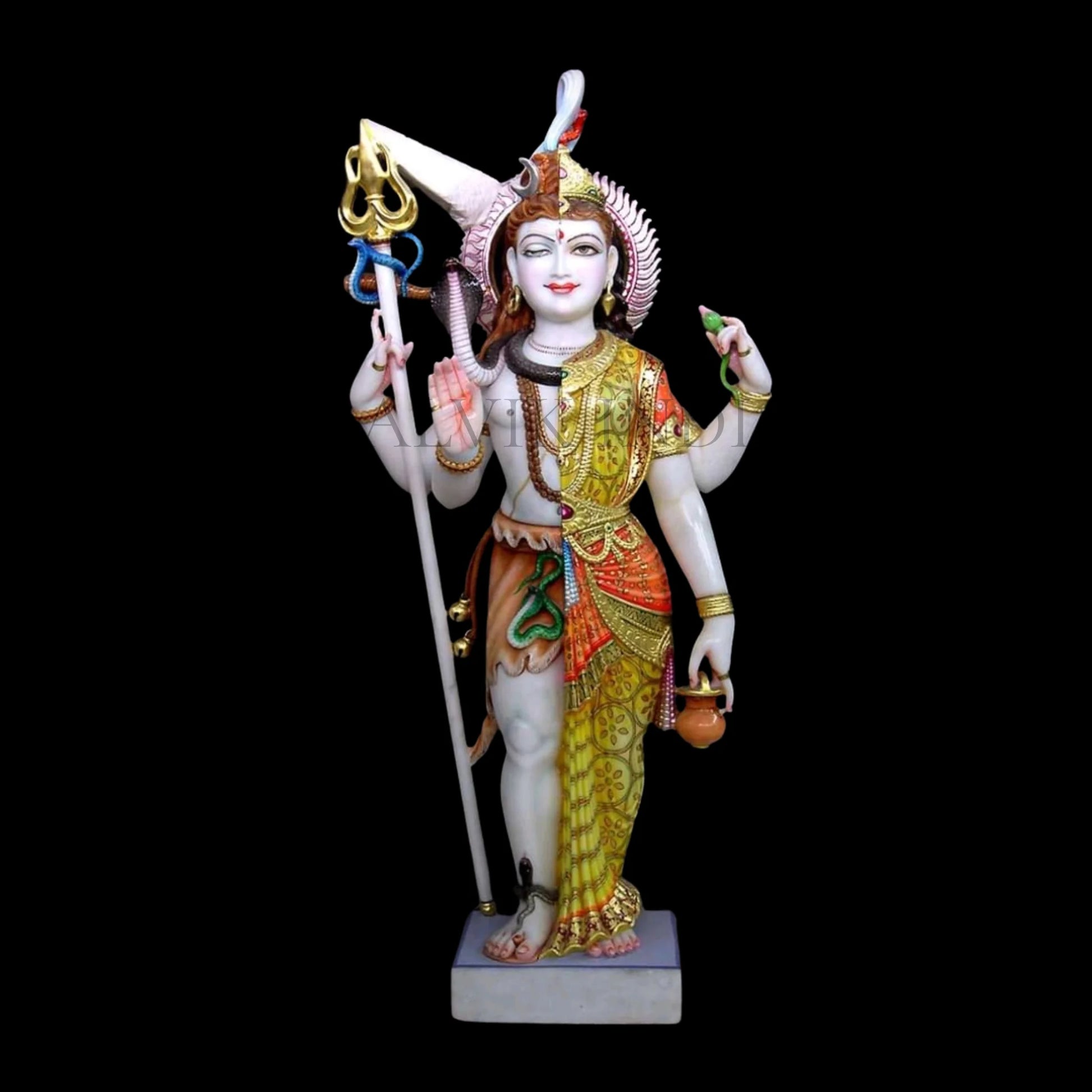 Front view of Marble Ardhanarishwar Statue depicting Lord Shiva and Goddess Parvati in one form