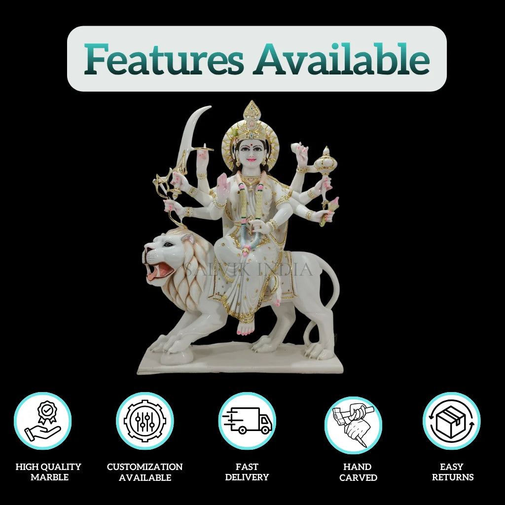 Front view of Marble Durga Maa idol in traditional design for home mandir