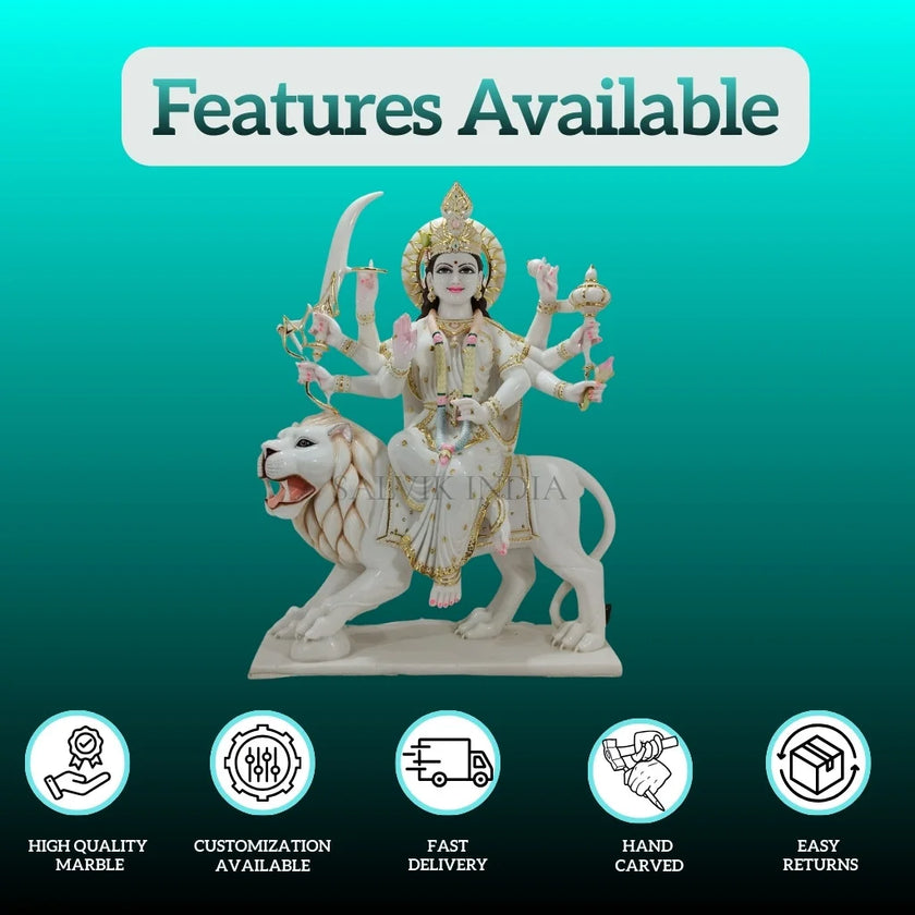 Front view of Marble Durga Maa idol in traditional design for home mandir