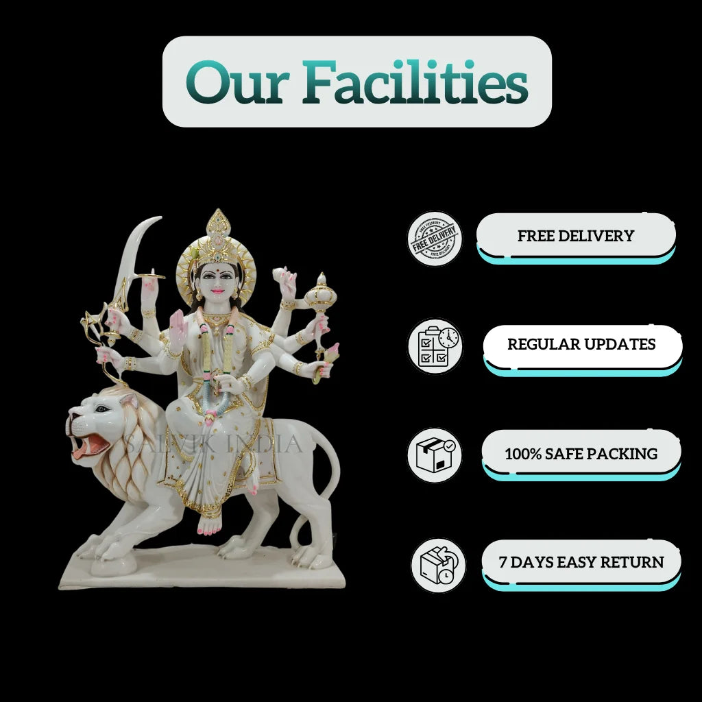Side angle view of Marble Durga Maa idol handcrafted for home mandir