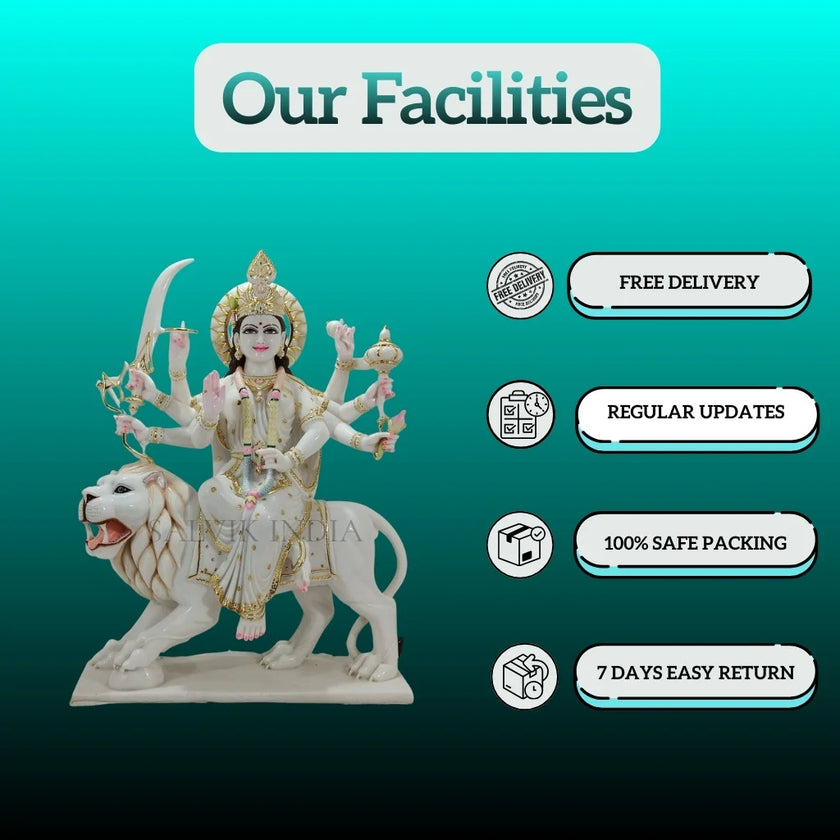 Side angle view of Marble Durga Maa idol handcrafted for home mandir