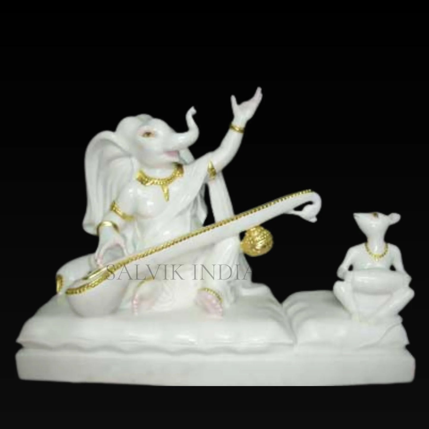White Marble Ganesh Ji Murti Playing Veena with Mouse – Handcrafted Statue