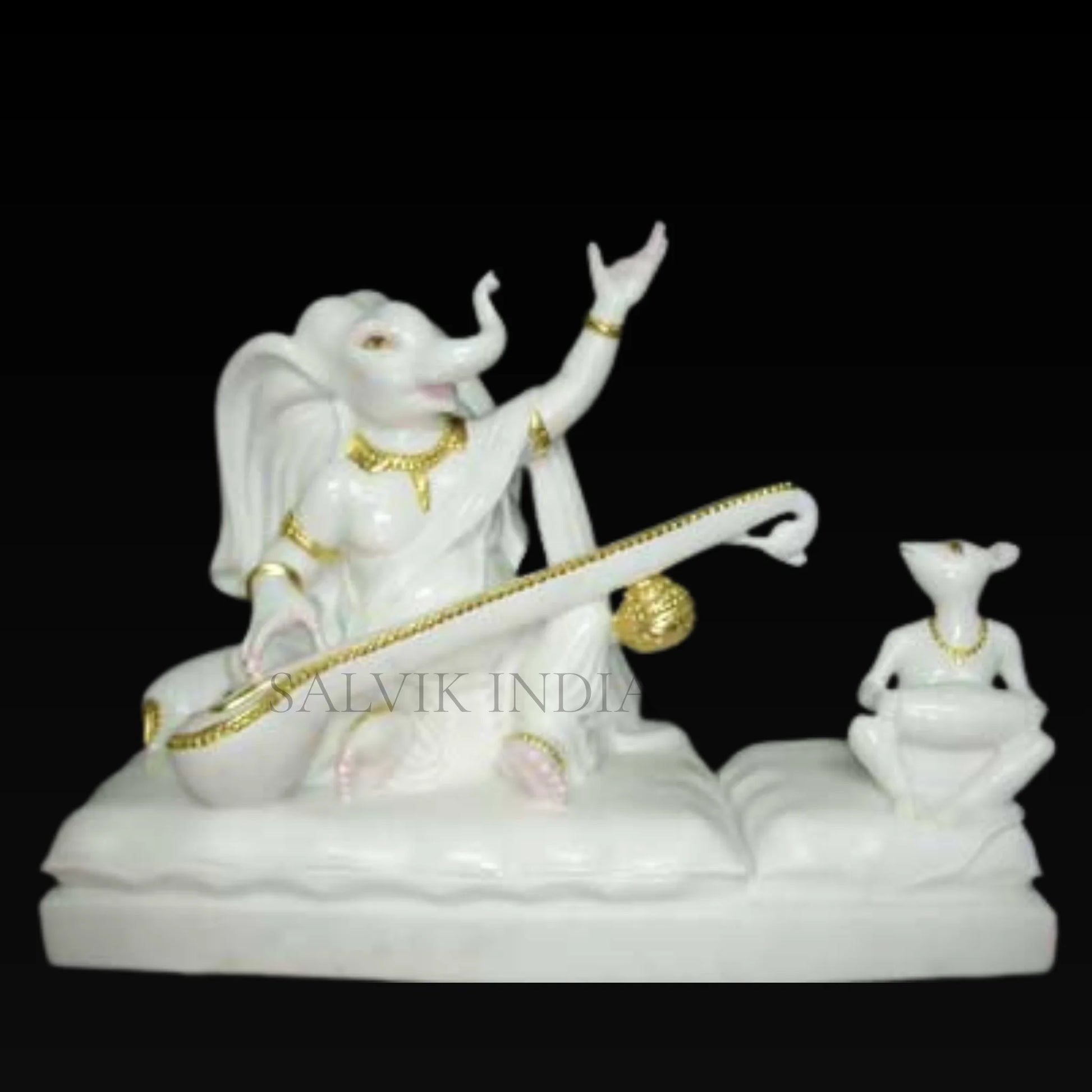 White Marble Ganesh Ji Murti Playing Veena with Mouse – Handcrafted Statue
