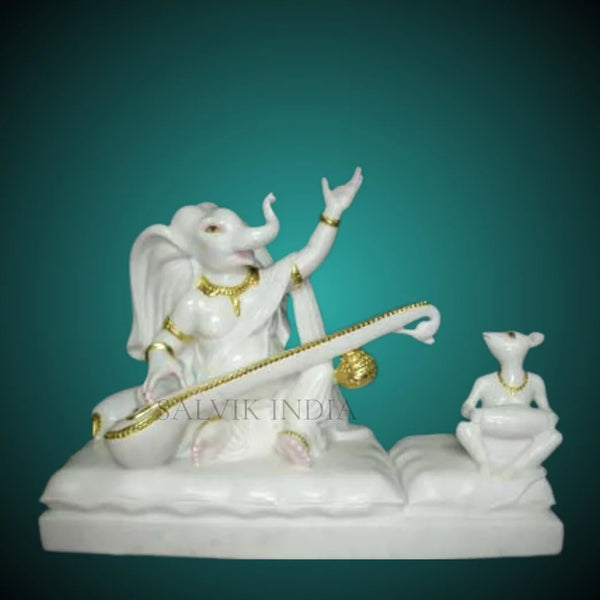 White Marble Ganesh Ji Murti Playing Veena with Mouse – Handcrafted Statue