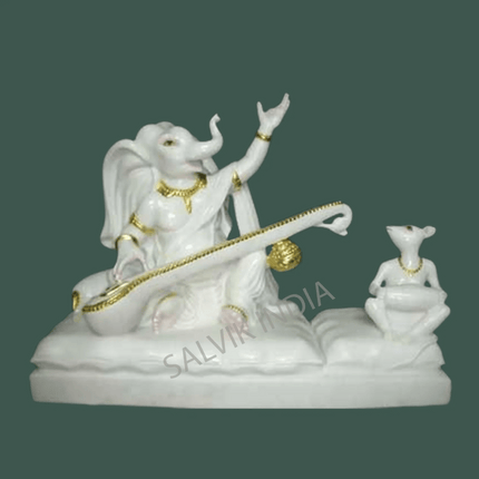 White Marble Ganesh Ji Murti Playing Veena with Mouse – Handcrafted Statue