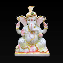 Handcrafted Marble Ganesh Ji Murti with Golden Crown and Pink Detailing