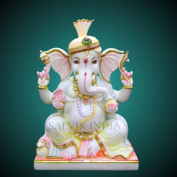 Handcrafted Marble Ganesh Ji Murti with Golden Crown and Pink Detailing