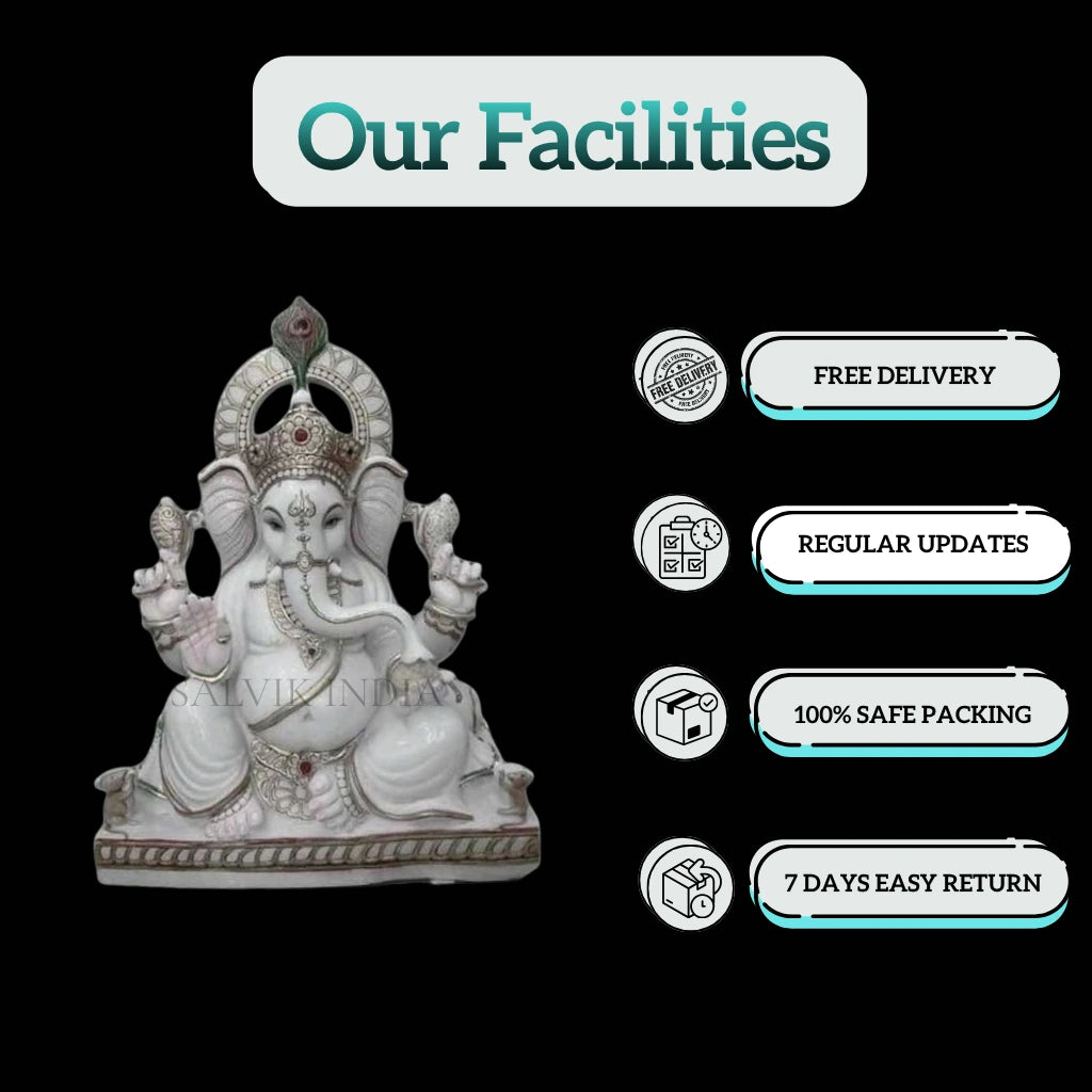 White Marble Ganesh Ji Murti with detailed craftsmanship