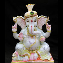 Handcrafted Marble Ganesh Ji Murti with Golden Crown and Pink Detailing