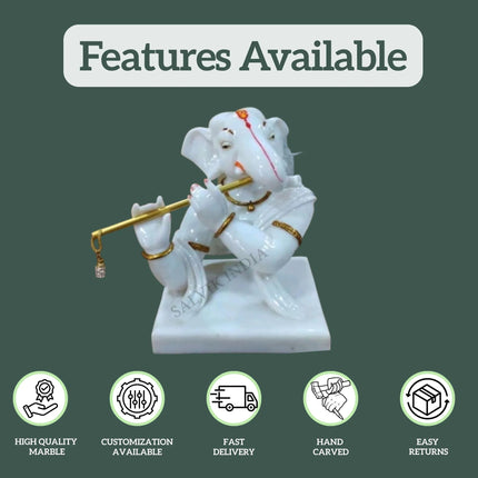 Flute Playing Ganpati Idol in White Marble – High Quality, Customizable, Fast Delivery