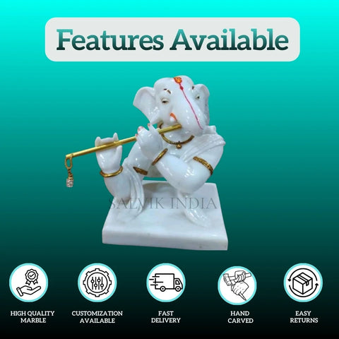Flute Playing Ganpati Idol in White Marble – High Quality, Customizable, Fast Delivery