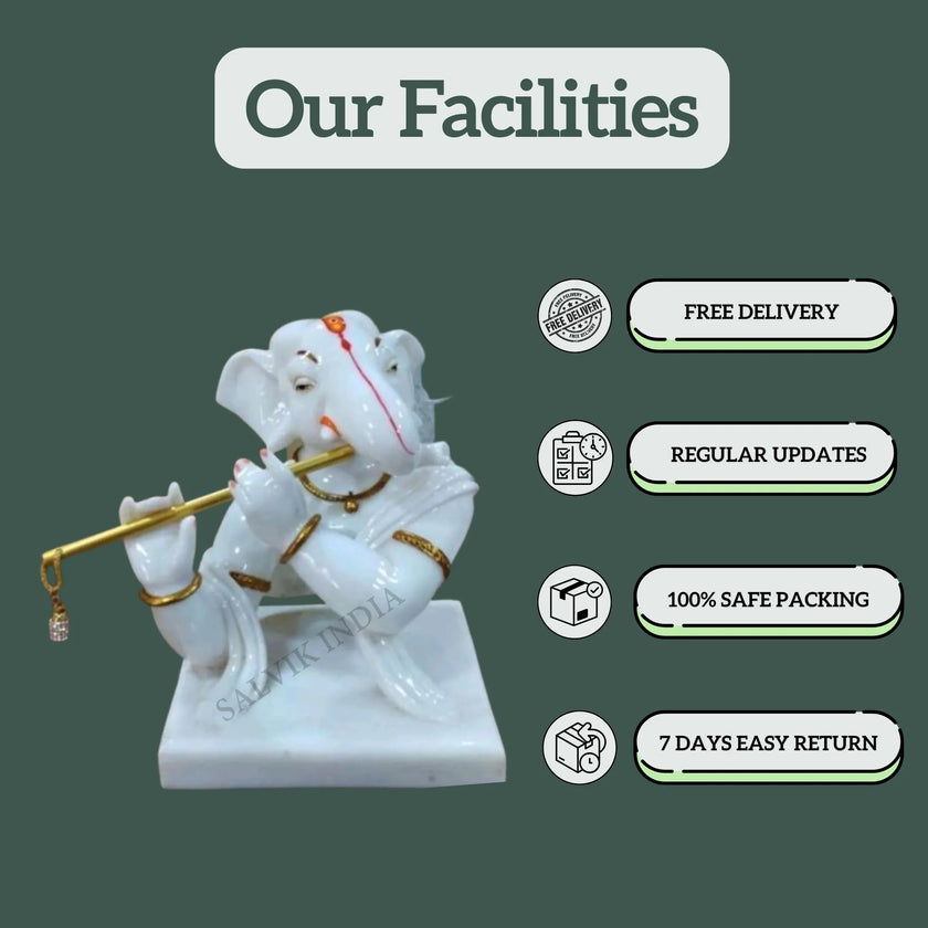 Marble Ganesh Statue with Flute – Free Delivery, Safe Packing, Easy Returns