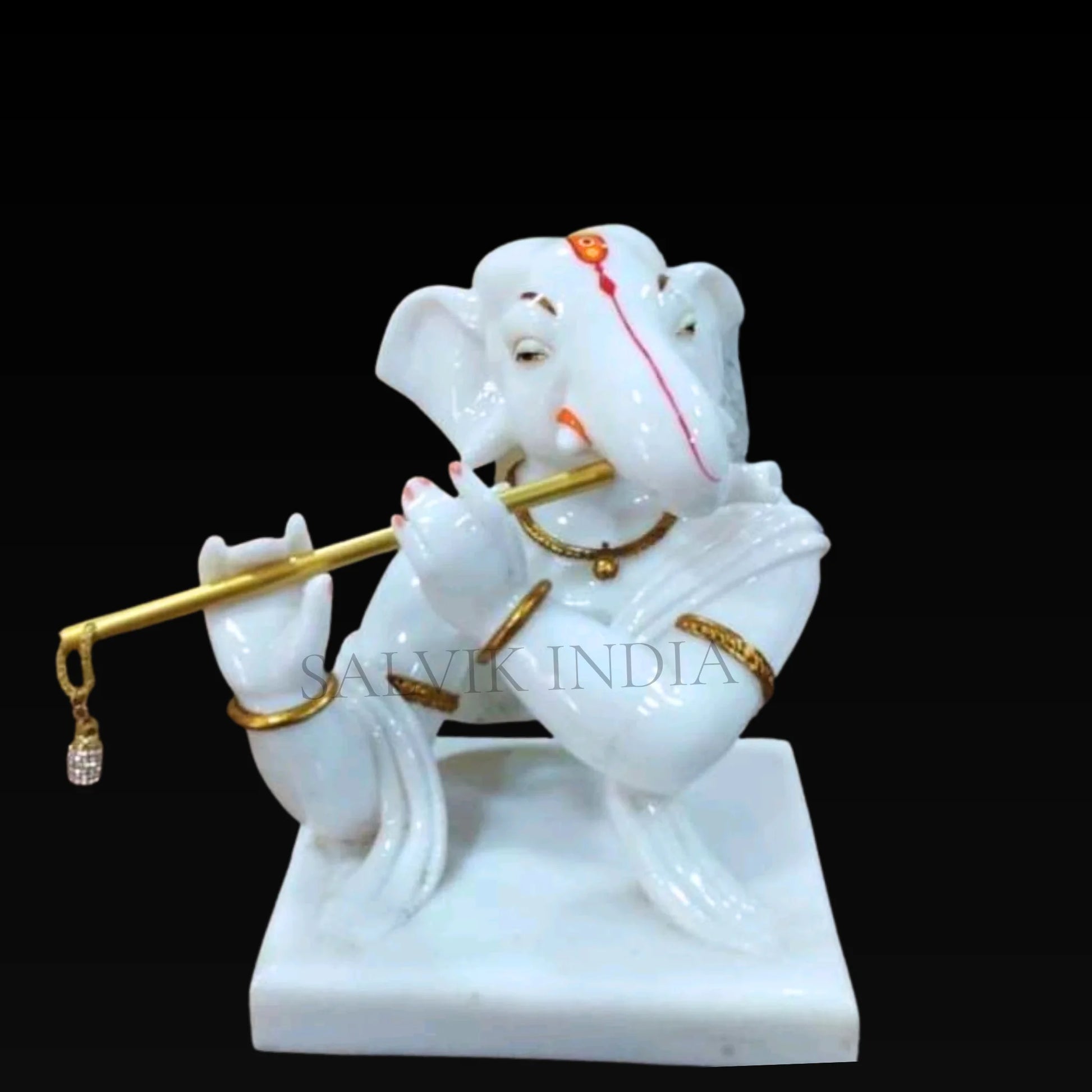 White Marble Ganesh Ji Murti Playing Flute – Handcrafted Statue