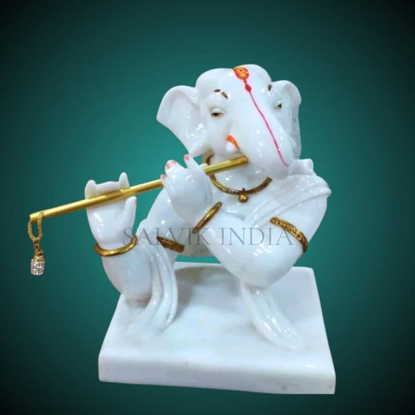 White Marble Ganesh Ji Murti Playing Flute – Handcrafted Statue