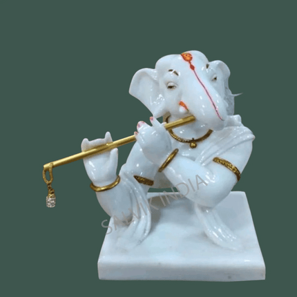White Marble Ganesh Ji Murti Playing Flute – Handcrafted Statue