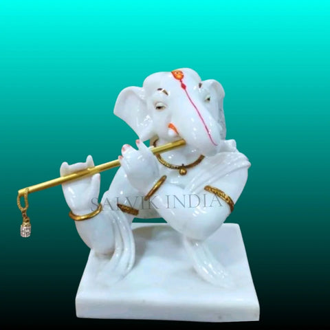 White Marble Ganesh Ji Murti Playing Flute – Handcrafted Statue