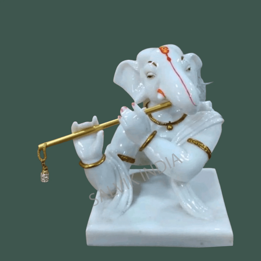 White Marble Ganesh Ji Murti Playing Flute – Handcrafted Statue