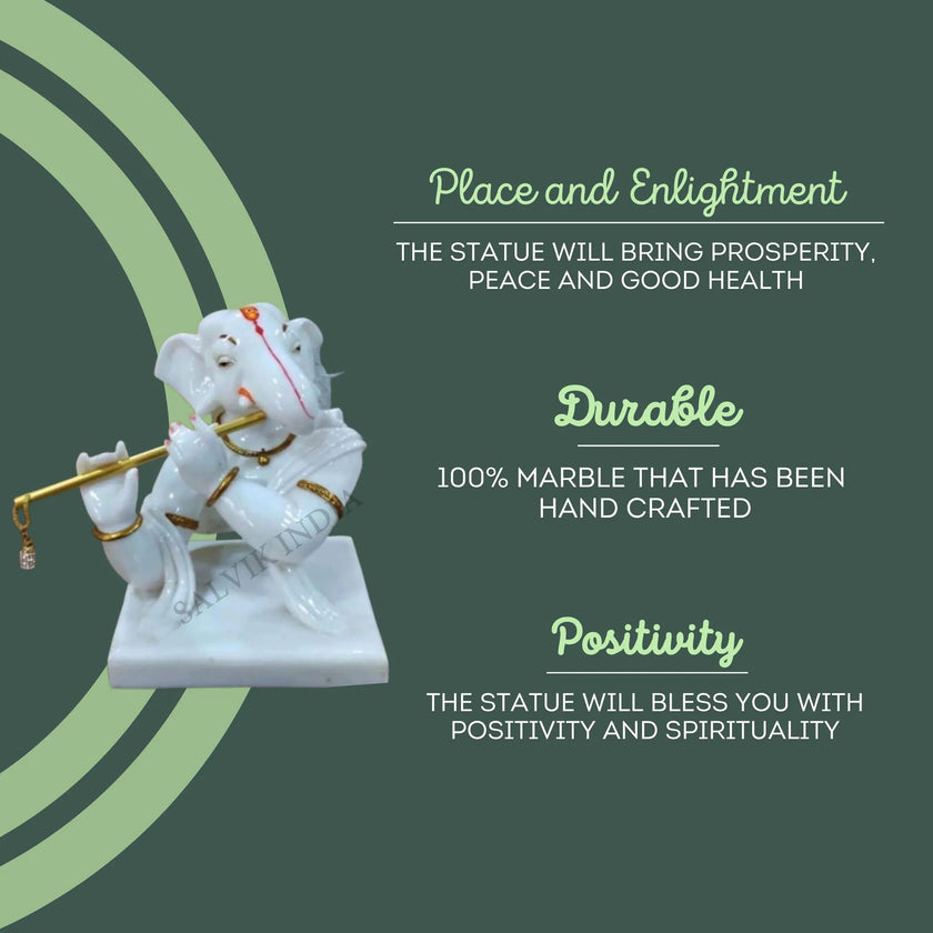 Divine White Marble Ganesh Idol Playing Flute – Symbol of Positivity and Prosperity