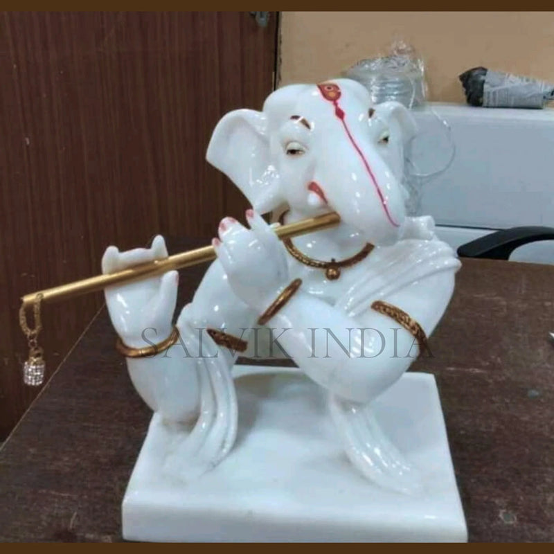 White Marble Ganesh Ji Murti Playing Flute – Handcrafted Statue