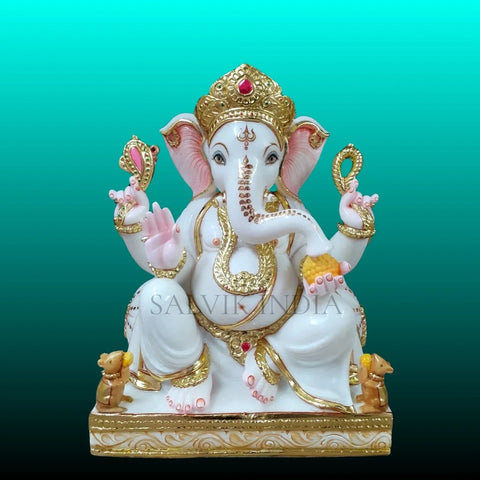 Marble Ganesh Murti 2 Feet in white Vietnam marble with gold detailing – handcrafted Ganesh idol for home and temple