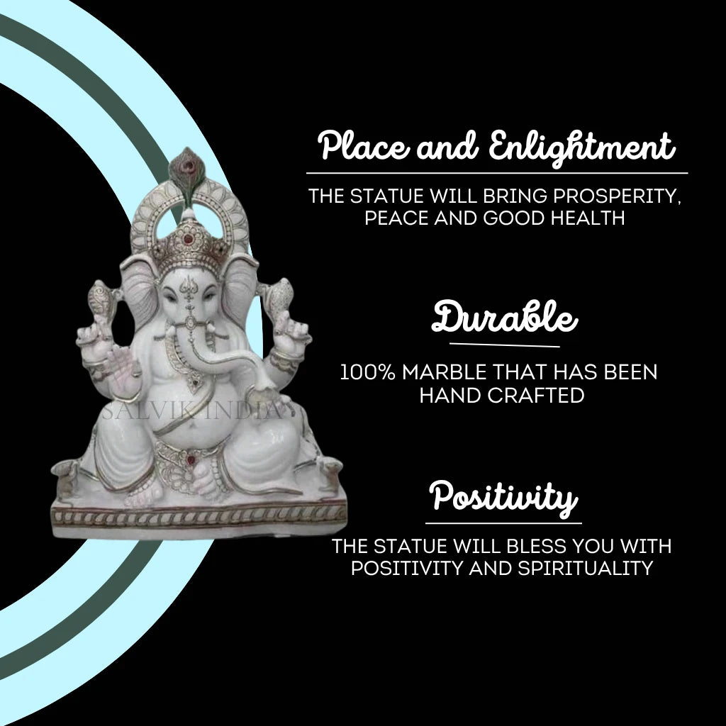 Marble Ganesh Statue with intricately carved mukut