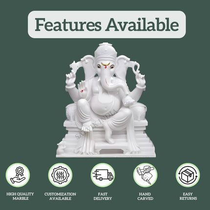 2 Feet White Marble Ganesha Idol with Hand Carving, Customization, Fast Delivery