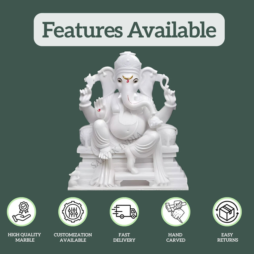 2 Feet White Marble Ganesha Idol with Hand Carving, Customization, Fast Delivery